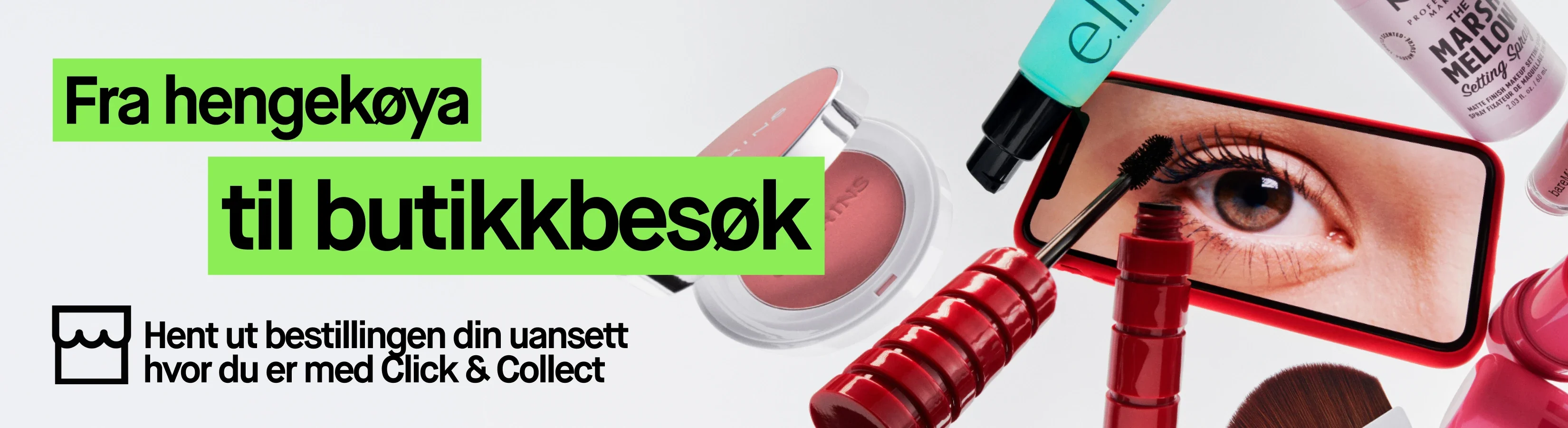 Grønn kampanjetekst med ordene «Från hängmatta till butikshäng» vises over en kollasj av makeup- og skjønnhetsprodukter, inkludert e.l.f. Power Grip Primer, NYX Professional Makeup The Marsh Mellow Setting Spray, Clarins rouge og mascara. Teksten «Hämta ut din order var du än är med Click & Collect» vises sammen med et butikkikon.