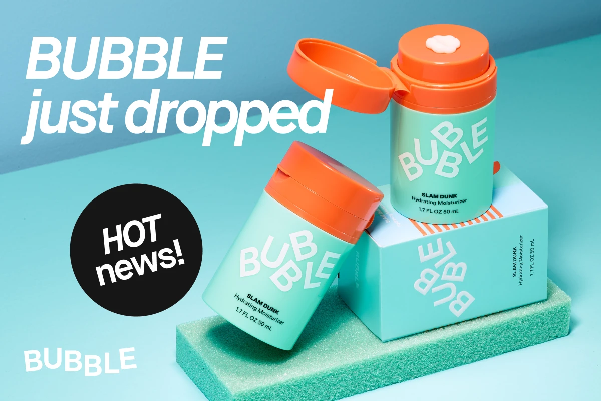 To Bubble Slam Dunk fuktighetskremer i turkis emballasje, med teksten «BUBBLE just dropped» og «HOT news!».