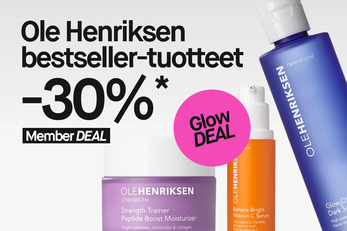 Kampanjakuva Ole Henriksen -ihonhoitotuotteista vaaleaa taustaa vasten. Teksti “Ole Henriksen bästsäljare 30%* Member DEAL” näkyy vasemmalla. Oikealla näkyy sininen pullo, jossa teksti “OLEHENRIKSEN Transform”, sen edessä oranssi pullo “Banana Bright Vitamin C Serum” ja takana violetti purkki “Strength Trainer Peptide Boost Moisturizer”. Tuotteiden yläpuolella näkyy vaaleanpunainen ympyrä, jossa teksti “Glow DEAL”.