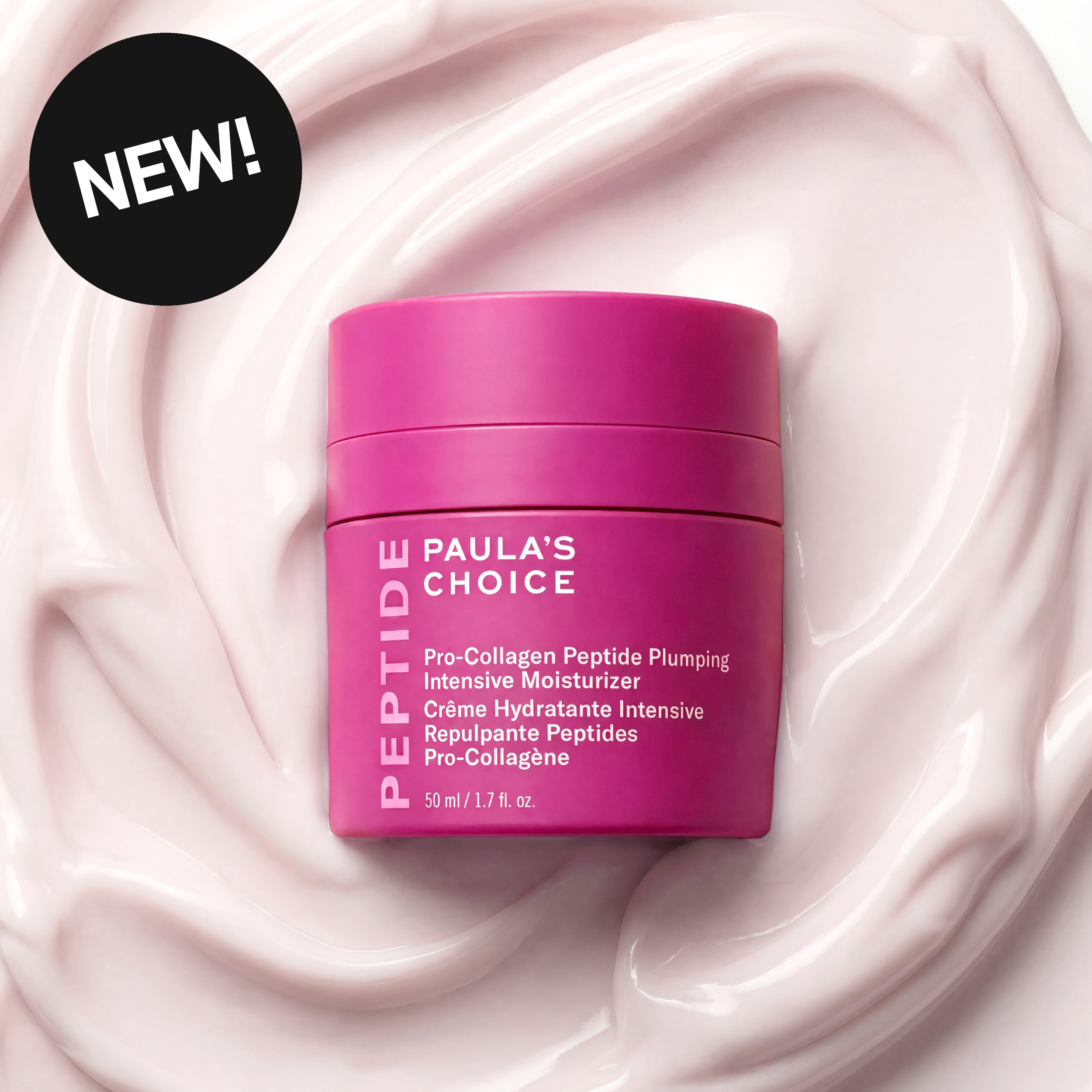 Paula’s Choice Pro-Collagen Peptide Plumping Intensive Moisturizer omgiven av rosa kräm. Text: ”NEW!”