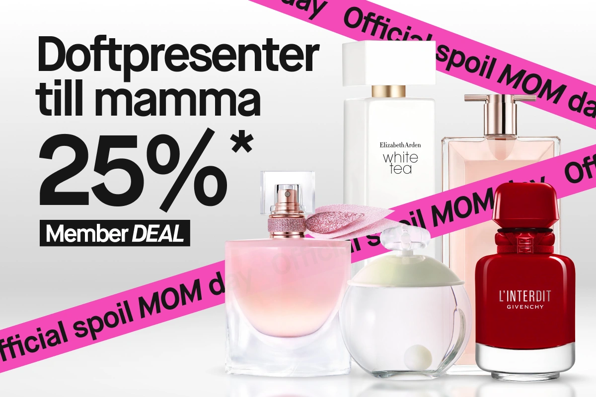 Parfympresenter på ljus bakgrund med texten "Doftpresenter till mamma 25%*" och "Member DEAL", samt rosa band med "Official spoil MOM day". Produkter inkluderar Lancôme La Vie Est Belle, Elizabeth Arden White Tea och Givenchy L’Interdit.
