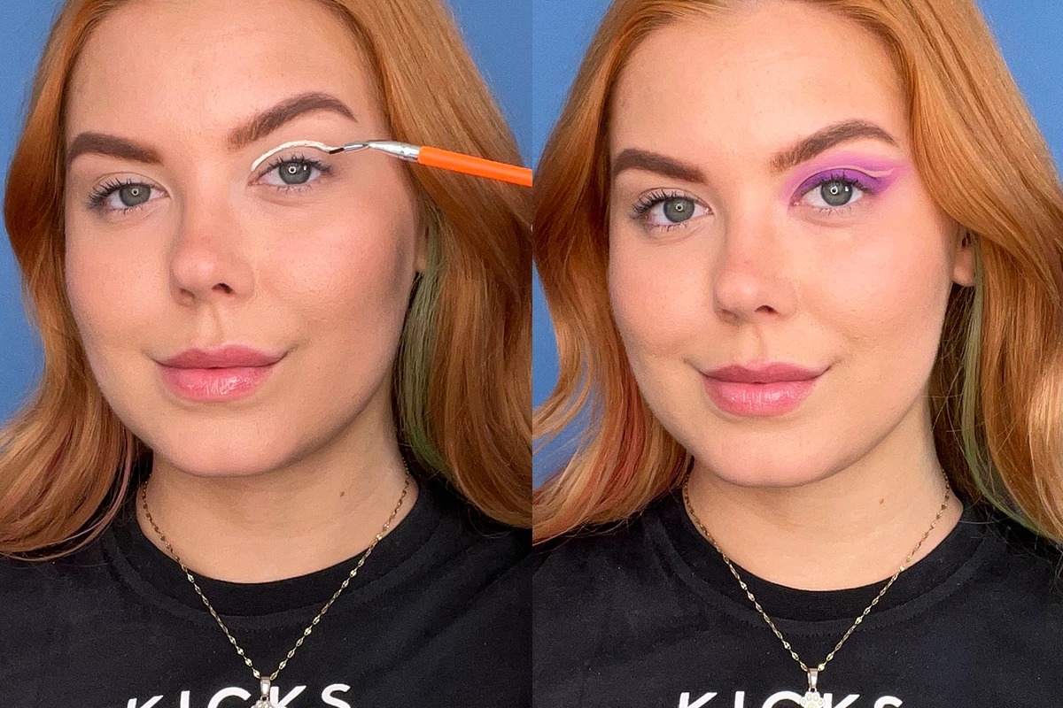 Två bilder placerade sida vid sida. Till vänster, en kvinna som applicerar ögonmmakeup. Till höger, resultatet