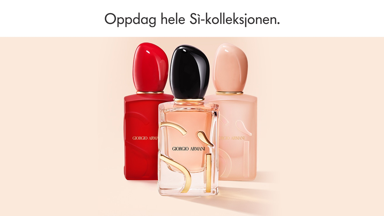 Tre Giorgio Armani Sì eau de parfum-flasker i rød, svart og nude står samlet mot en lys bakgrunn med teksten “Upptäck hela Sì-kollektionen.” over og “GIORGIO ARMANI” på flaskene.