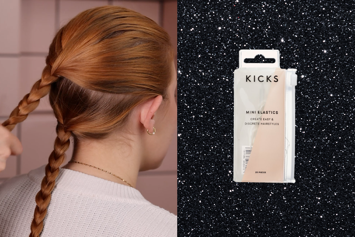 Henkilö, jolla on punaiset hiukset ja letti, vieressä pakkaus KICKS mini elastics -kuminauhoja.