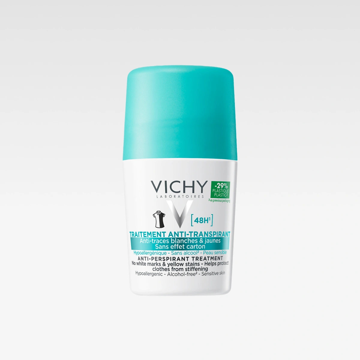Vit och turkos deodorant från Vichy med texten “VICHY LABORATOIRES”, “48H” och “TRAITEMENT ANTI-TRANSPIRANT”. Ytterligare text: “Anti-traces blanches & jaunes, sans effet carton, hypoallergénique, sans alcool, peau sensible”.