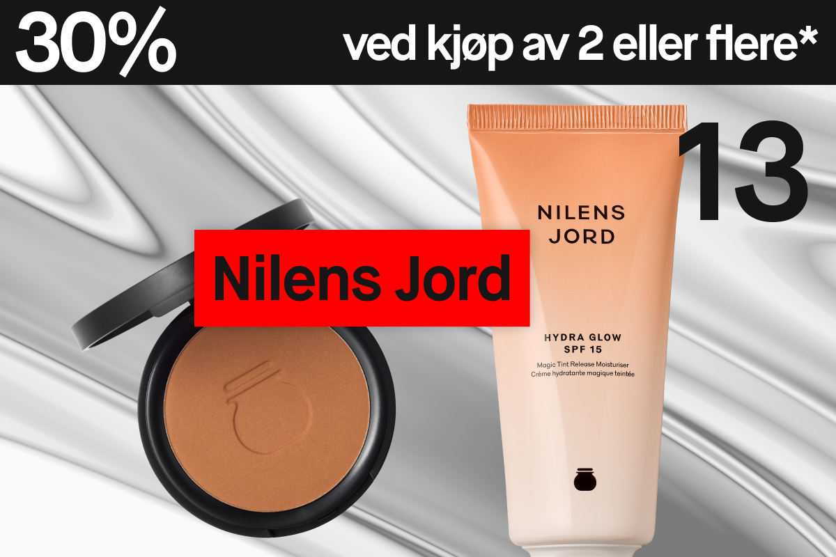 To produkter fra Nilens Jord – Hydra Glow SPF 15 og bronzer – mot sølvgrå bakgrunn med “30% ved kjøp av 2”.