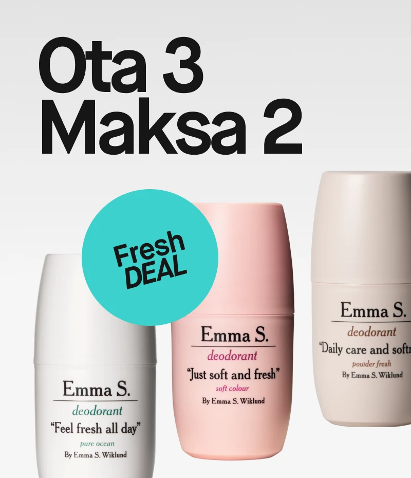 Emma S. deodorantit tarjous: Osta 3, maksa 2. Kuvassa kolme Emma S. deodoranttipulloa eri väreissä. Fresh DEAL -tarra.