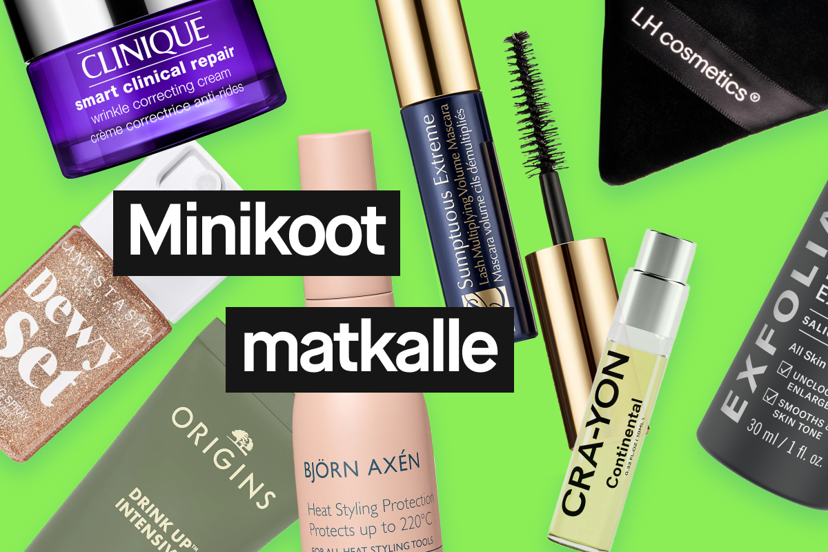 Useita minikokoisia kauneustuotteita vihreällä taustalla ja teksti “Minis till resan”, mukana Clinique Smart Clinical Repair, Estée Lauder Sumptuous Extreme Mascara, Moroccanoil Treatment, Origins Drink Up Intensive, Björn Axén Heat Styling Protection Protects up to 220°C, Crayon Continental ja Paula’s Choice 2% BHA Liquid Exfoliant.