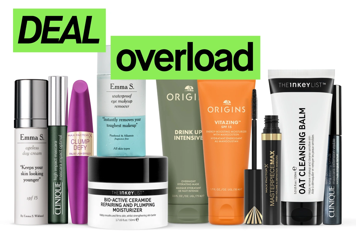 Emma S.:n, Cliniquen, Max Factorin, Originsin ja The INKEY Listin beauty-tuotteita vaaleanharmaata taustaa vasten vihreällä kampanjatekstillä “DEAL overload”. Näkyvissä tuotteissa on ripsivärejä, päivävoide SPF 15, waterproof eye makeup remover, Drink Up Intensive, VitaZing SPF 15 ja Oat Cleansing Balm.