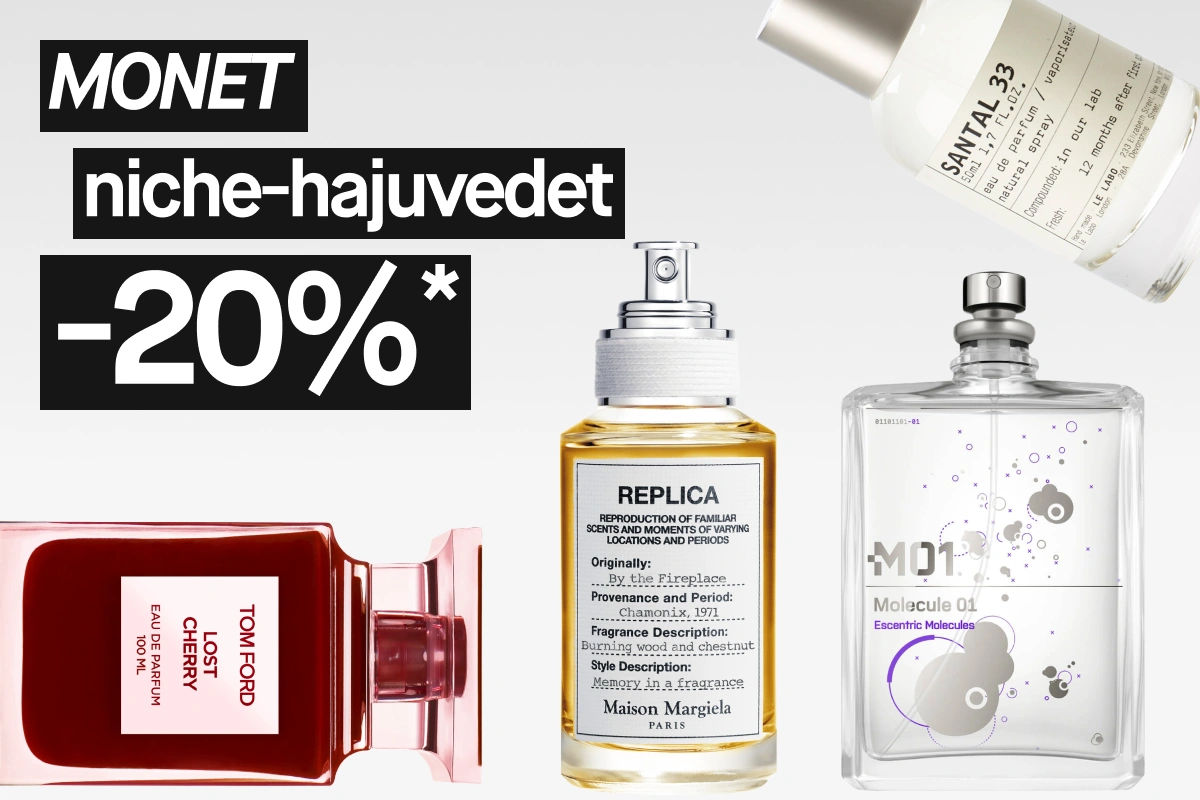 Kampanjakuva tekstillä “MASSOR av nischparfymer 20%*” sekä hajuvesipullot Tom Ford Lost Cherry, Maison Margiela Replica By the Fireplace, Escentric Molecules Molecule 01 ja Le Labo Santal 33.