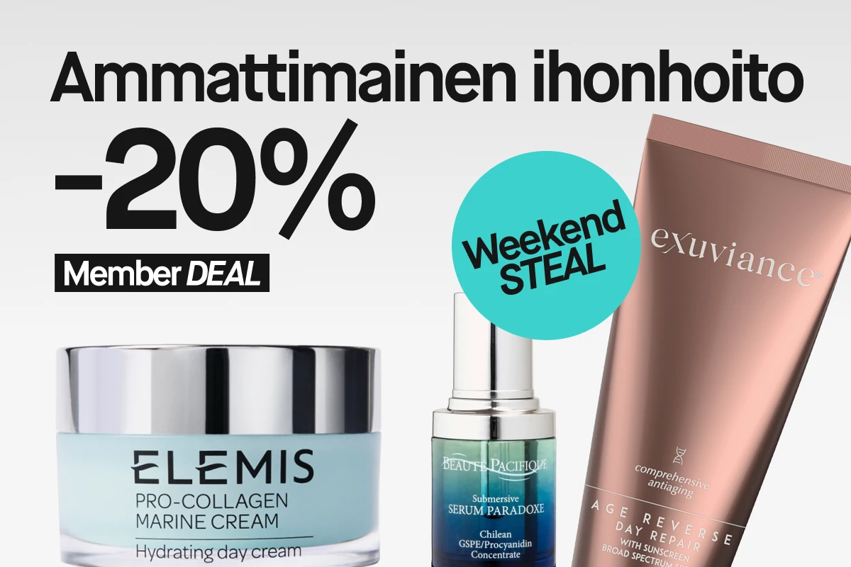 Ammattimainen ihonhoito 20% alennuksella jäsenille, mukaan lukien Elemis Pro-Collagen Marine Cream, Beauté Pacifique Serum Paradoxe ja Exuviance Age Reverse Day Repair. Weekend STEAL.