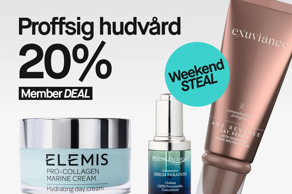 Proffsig hudvård med 20% rabatt för medlemmar, inklusive Elemis Pro-Collagen Marine Cream, Beauté Pacifique Serum Paradoxe och Exuviance Age Reverse Day Repair. Weekend STEAL
