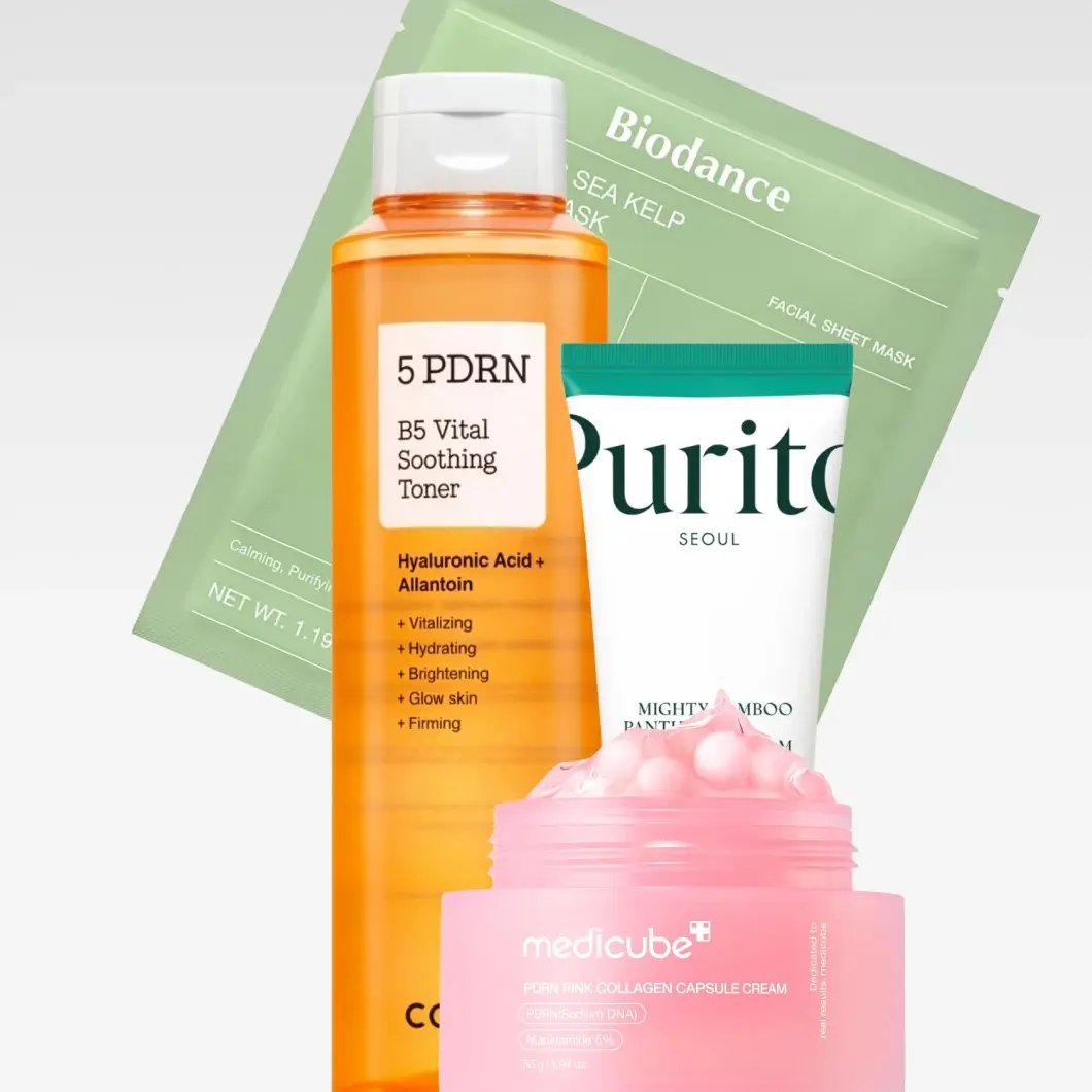 K-beauty-ihonhoitotuotteita: COSRX 5 PDRN B5 Vital Soothing Toner, jossa Hyaluronic Acid + Allantoin, Purito Seoul Mighty Bamboo Panthenol Cream, medicube PDRN Pink Collagen Capsule Cream, jossa PDRN (Sodium DNA) ja Niacinamide 5%, sekä Biodance Sea Kelp Mask, Facial Sheet Mask. Pakkauksissa näkyvät myös tekstit ”Vitalizing”, ”Hydrating”, ”Brightening”, ”Glow skin”, ”Firming”, ”Calming, Purifying”, ”NET WT. 1.19 oz” ja ”Dedicated to real results, not miracles”.