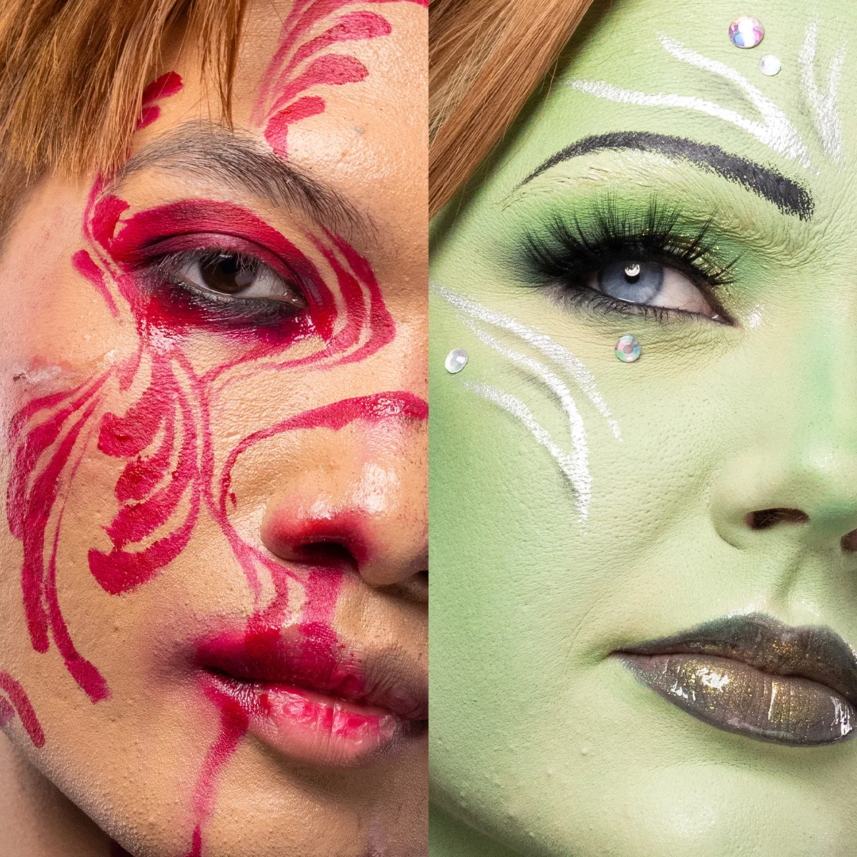 Närbild av en person med grön sminkning, mörka läppar och dekorationer på pannan.