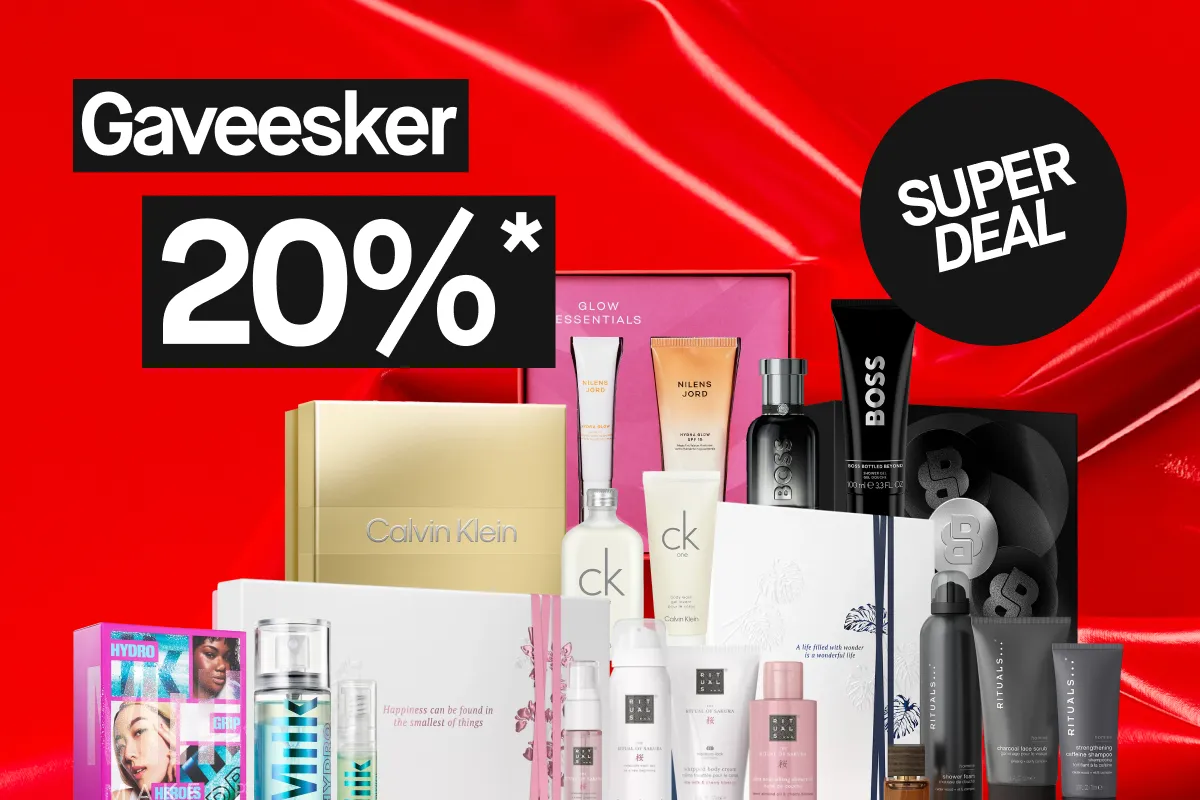Juleesker og gavesett fra Rituals, Calvin Klein, Nilens Jord, Milk Makeup og Hugo Boss vises foran en rød bakgrunn, sammen med teksten “Julaskar 20%” og en svart “SUPER DEAL”-sirkel.