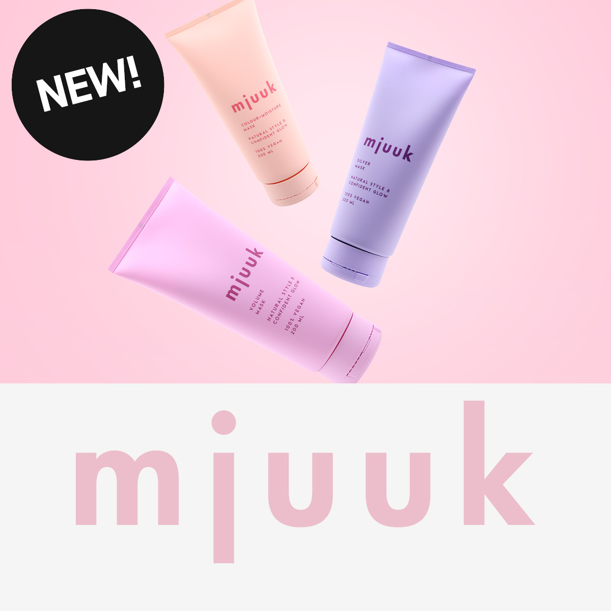 Tre färgglada tuber med märkningen "mjuuk". Tuberna är rosa, ljuslila och persikofärgade, och har text som informerar om att de är veganska.