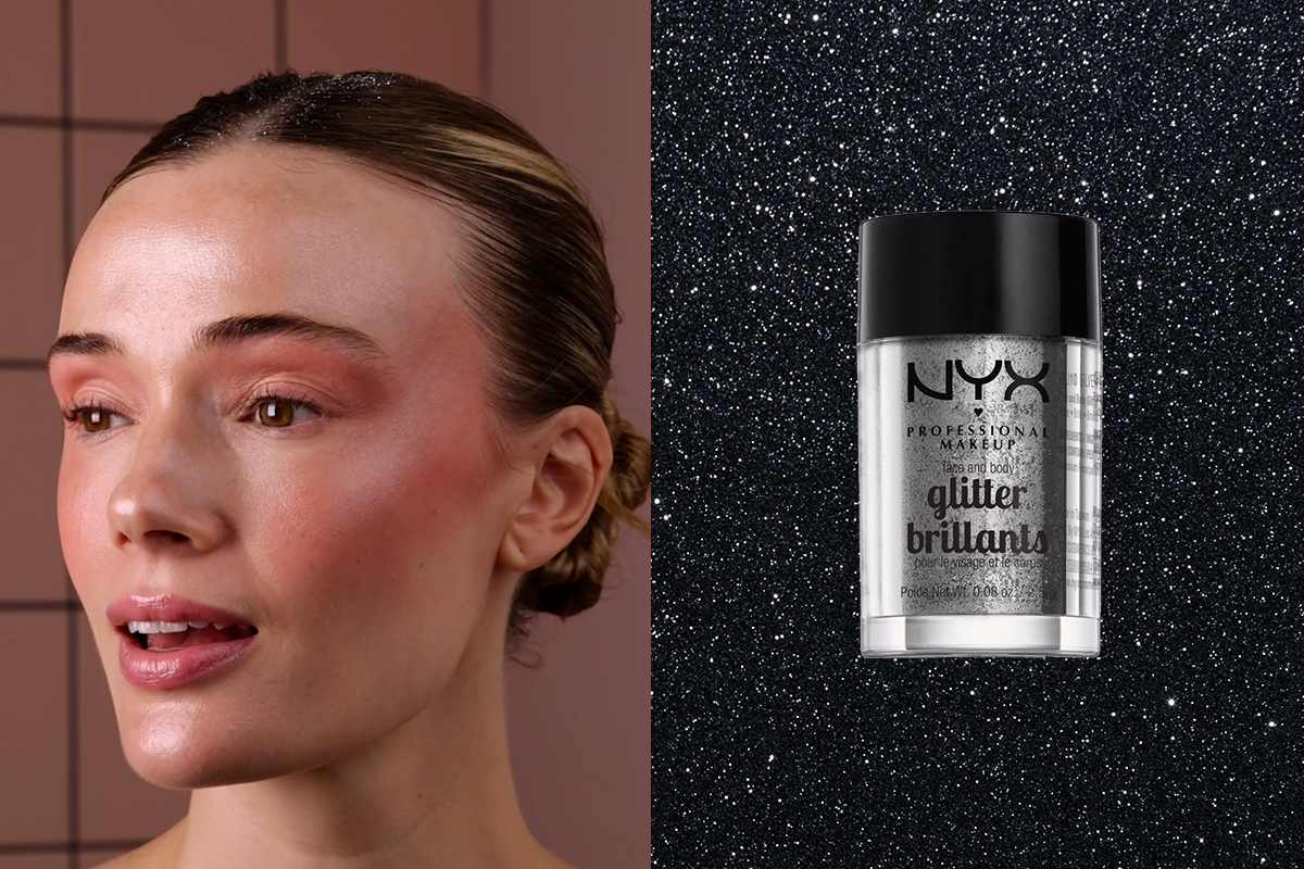 Hårstylingprocess med en sleek bun-frisyr och en burk hårglitter i silver från Nyx.