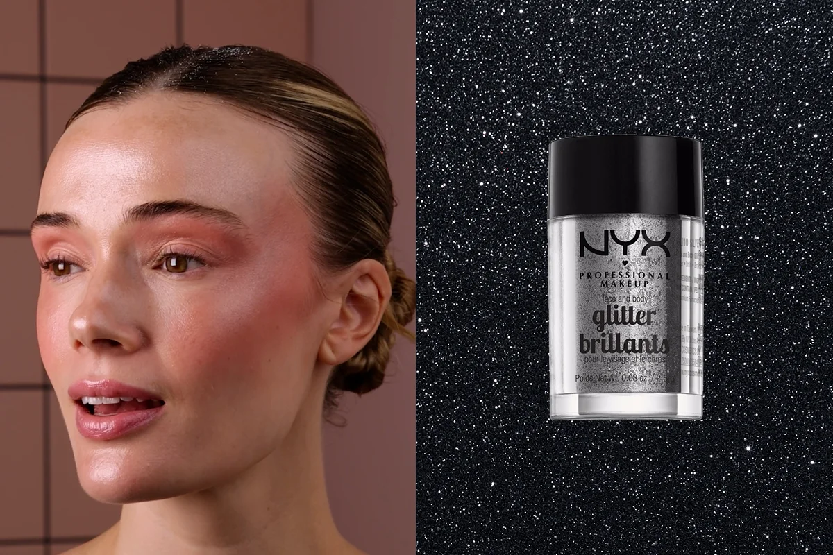 Hårstylingprocess med en sleek bun-frisyr och en burk hårglitter i silver från Nyx.