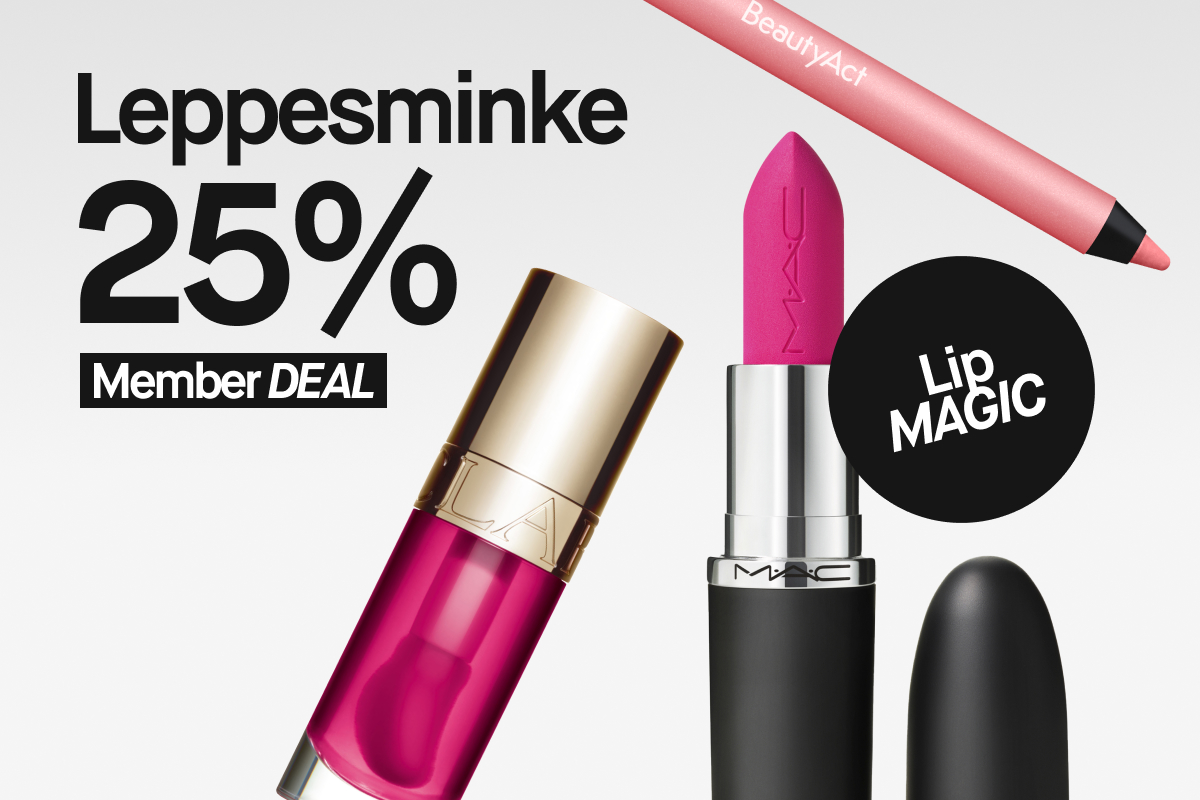 Reklame for leppemakeup med 25% rabatt for medlemmer. Bildet viser ulike leppeprodukter, inkludert leppestift, lipgloss og lipliner fra merker som MAC og BeautyAct.