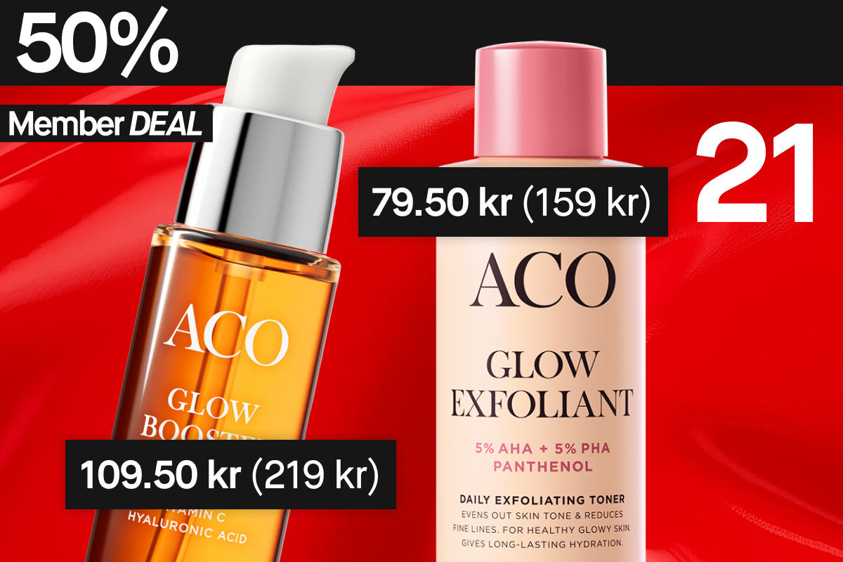 50 % rabatt på dessa två ACO-produkter för medlemmar: Glow Booster och Glow Exfoliant.