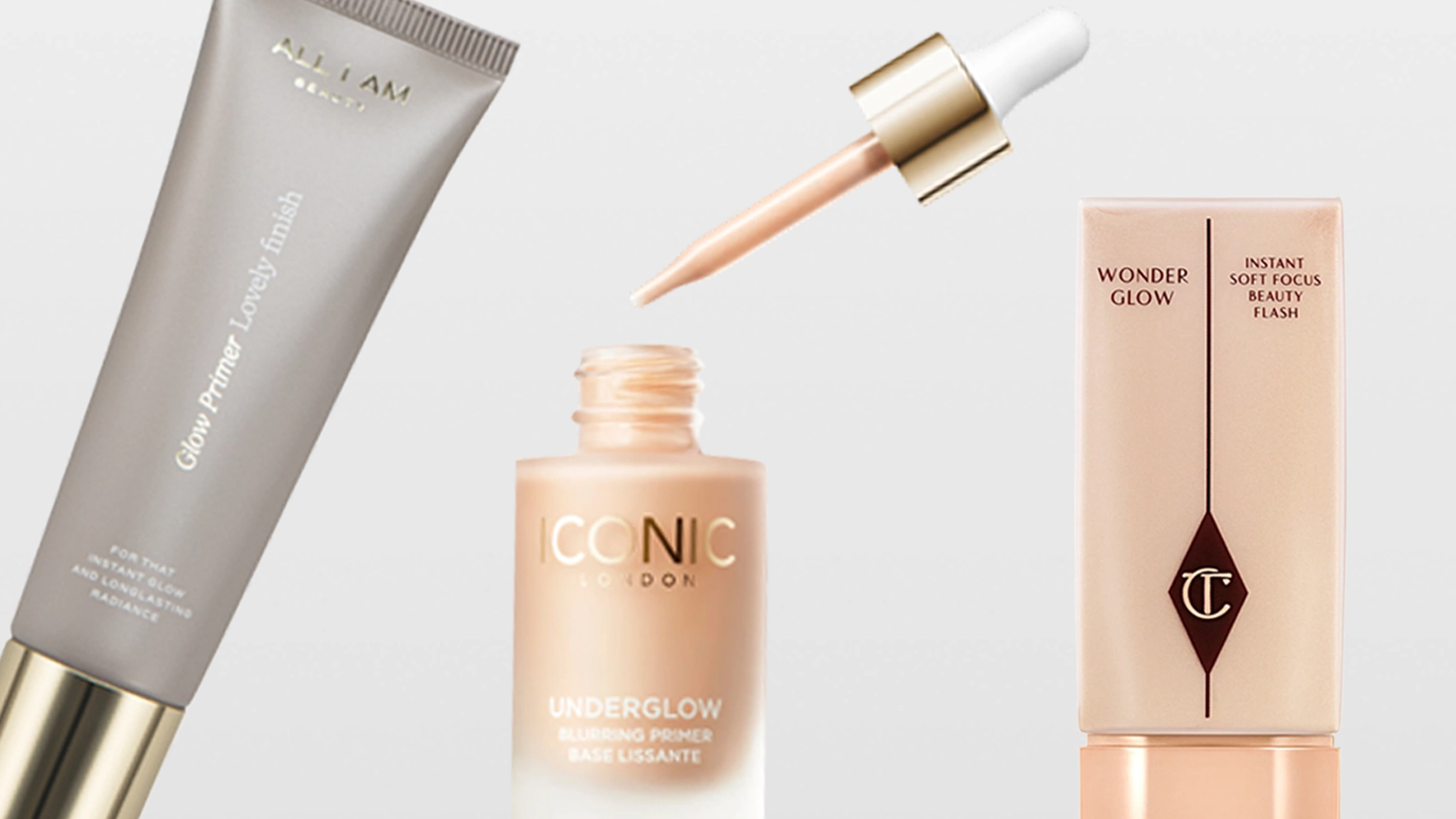 Tre glow-produkter mot ljus bakgrund. En grå tub märkt “Glow Primer Liquid”, en glasflaska med pipett märkt “ICONIC London Underglow Blurring Primer” med pipetten ovanför öppningen, samt en rosa flaska märkt “Wonder Glow Instant Soft Focus Beauty Flash”.