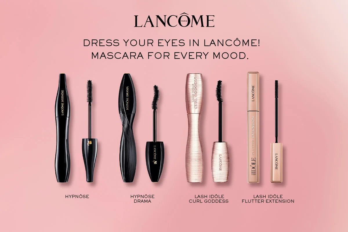 Lancôme: “Dress your eyes in Lancôme! Mascara for every mood.” Neljä ripsiväriä: Hypnôse, Hypnôse Drama, Lash Idôle Curl Goddess ja Lash Idôle Flutter Extension.