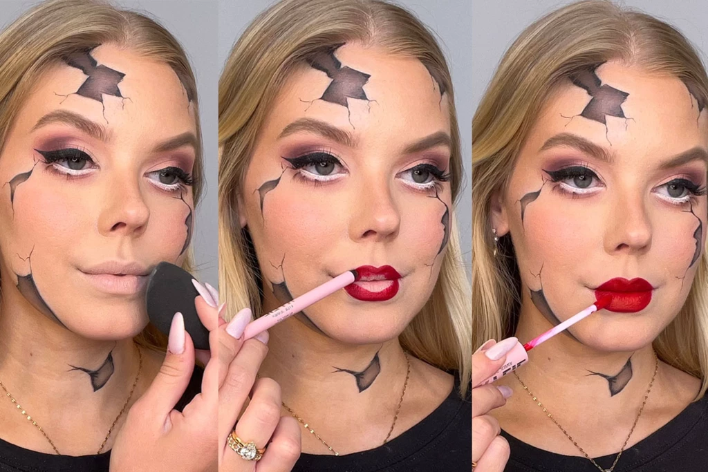 En steg-för-steg-handledning som visar en kvinna som fullbordar sin makeuplook för sprucken hud genom att dölja läpparna, markera dem med röd läppenna och applicera ett djärvt rött läppstift.