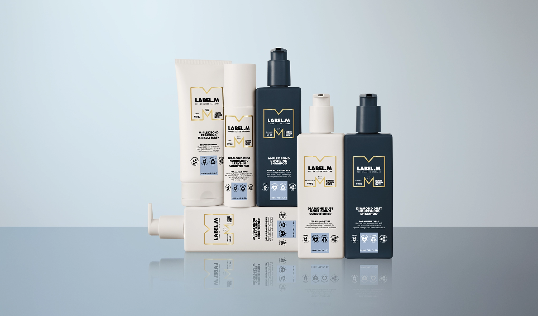 En gruppe Label.M hårpleieprodukter på lys bakgrunn, inkludert sjampo, balsam, hårmaske og behandlinger i ulike flasker og tuber.