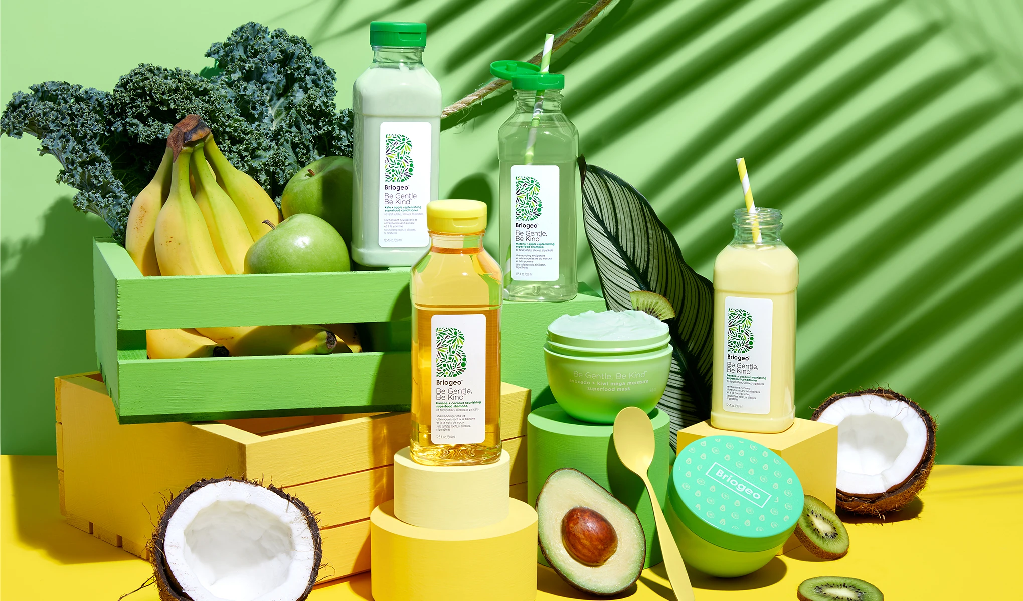 Fargerikt bilde med Briogeos hårpleieprodukter omgitt av frisk frukt og grønnsaker. Produktene består av flasker og krukker med etikettene «Be Gentle, Be Kind». Rundt produktene er det bananer, grønnkål, grønne epler, avokado, kokosnøtter og kiwi. Bakgrunnen er grønn med skygger av palmeblader, og basen er gul.