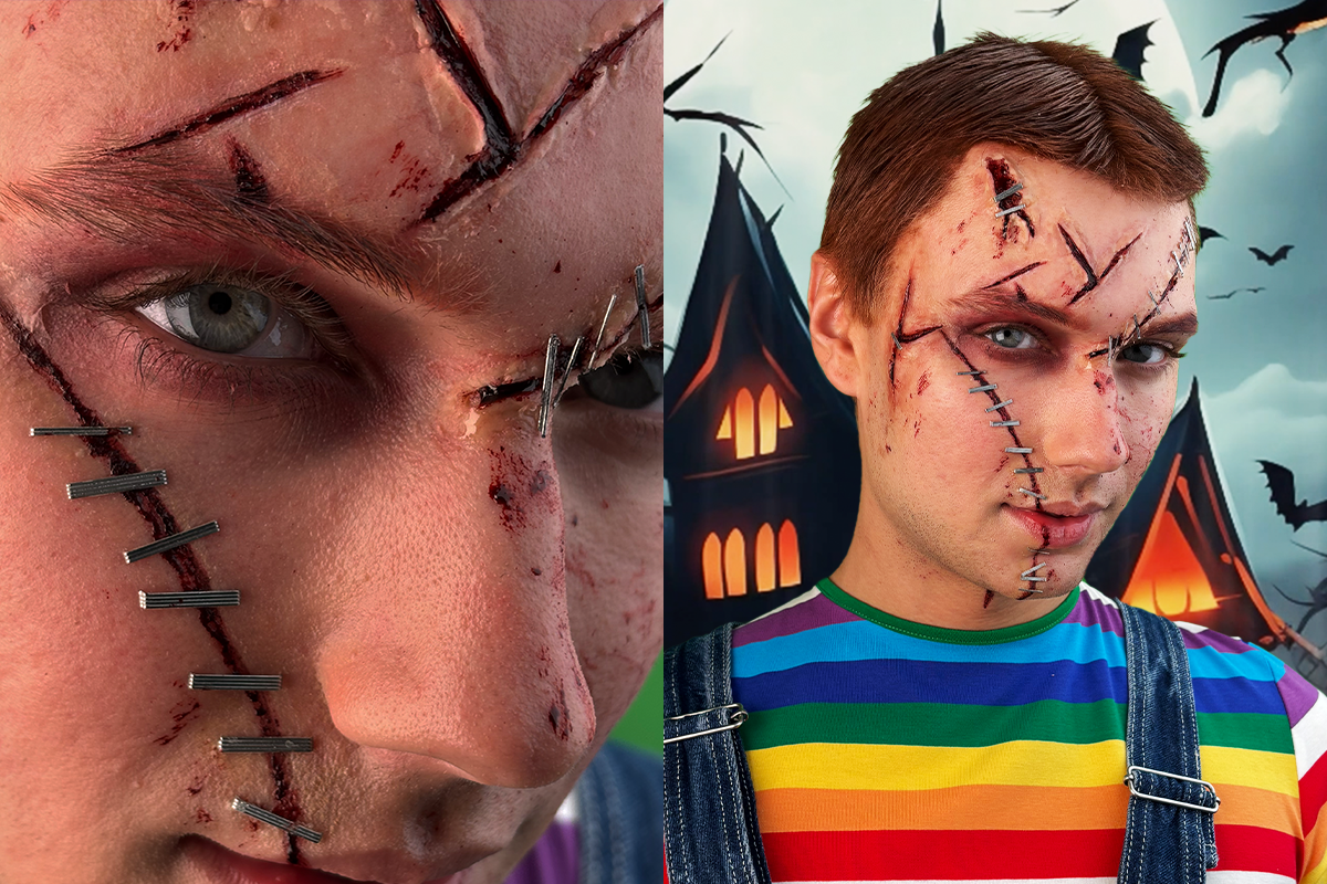 Henkilö, jolla on sateenkaariraidallinen paita halloween-taustan edessä, jossa on lepakoita ja taloja.