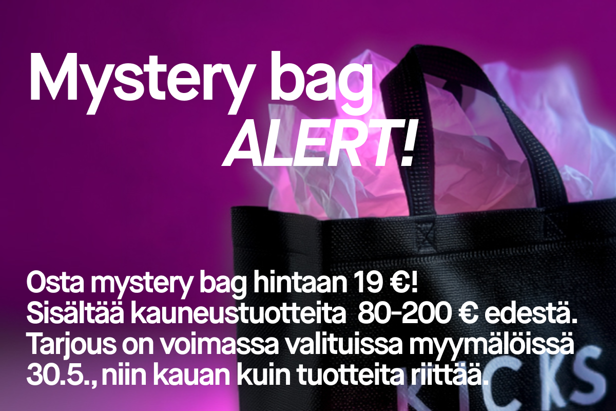 Kampanjakuva mustasta KICKS-kassista, jossa on silkkipaperia pinkkiä ja violettia taustaa vasten. Teksti: ”Mystery bag ALERT! Osta mystery bag hintaan 19 €! Sisältää kauneustuotteita 80–200 € edestä. Tarjous on voimassa valituissa myymälöissä 30.5., niin kauan kuin tuotteita riittää.”