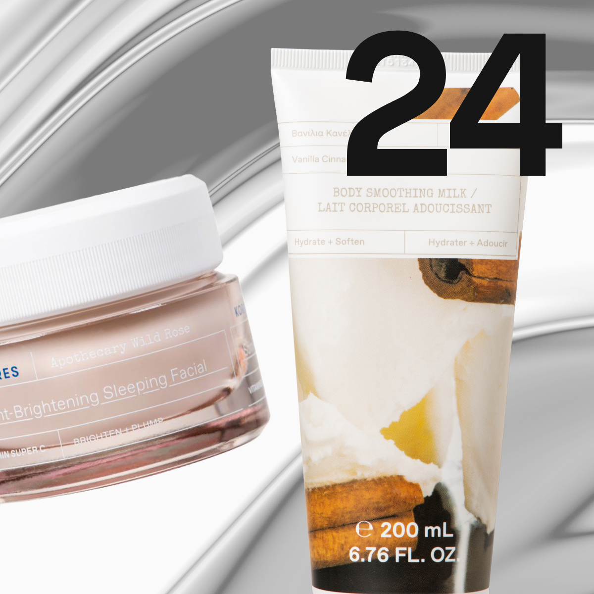 Korres ansiktsmask i glasburk och kroppslotion i tub i varma beige toner mot ljus metallisk bakgrund.