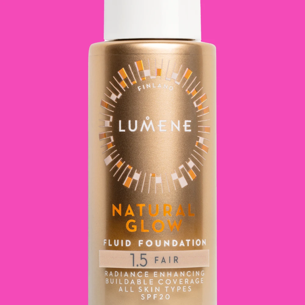 genväg till foundation, rosa bakgrund, bild på Lumene Natural Glow foundation