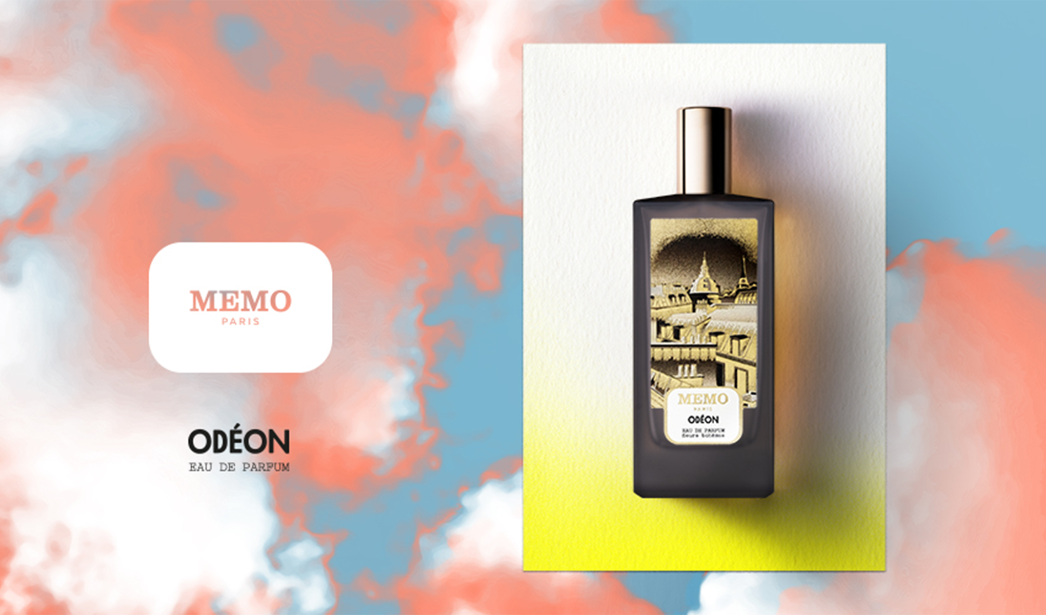 Memo Paris Odéon Eau de Parfum i mörk flaska med gyllene Paris-motiv, mot en mjuk bakgrund i pastellfärger.