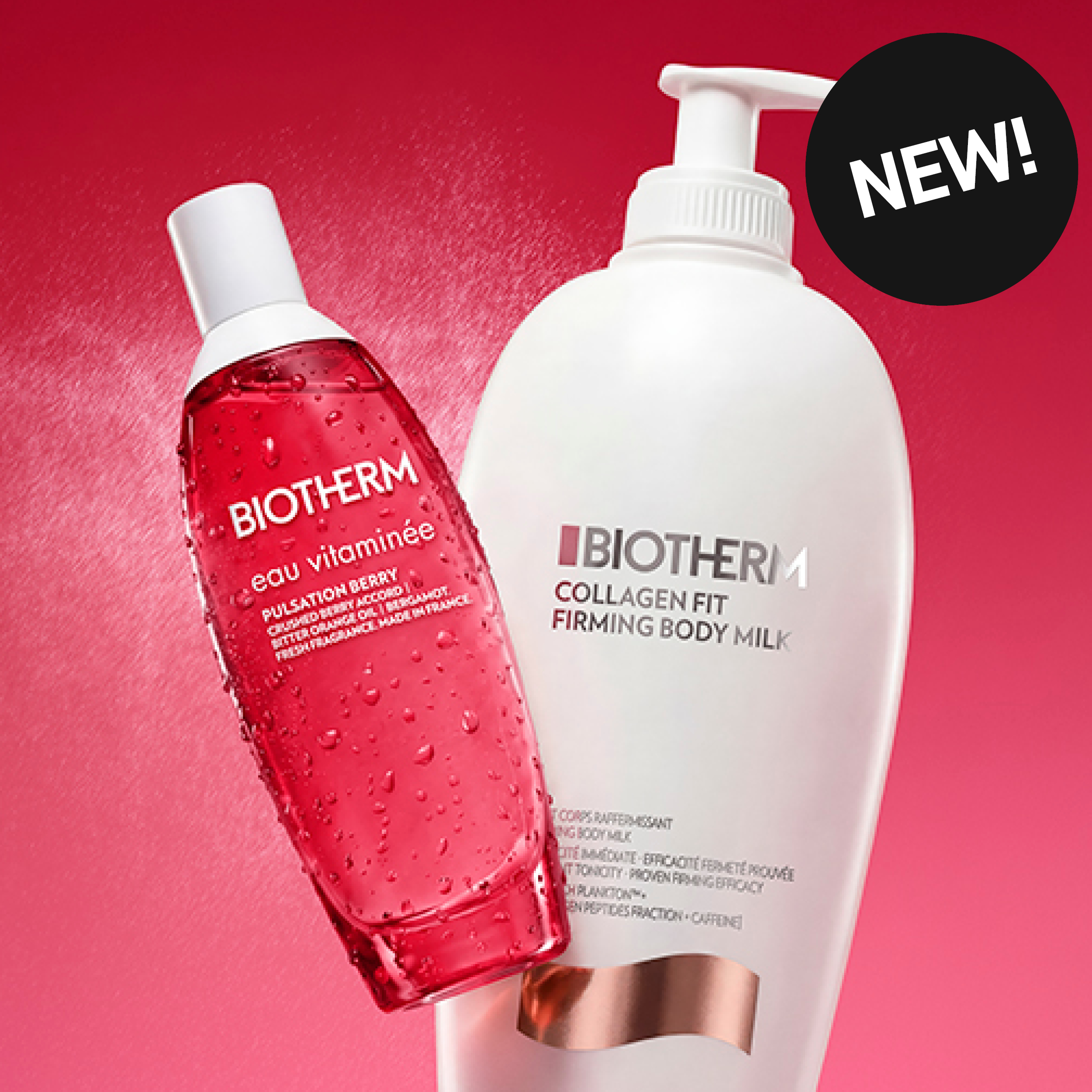 Flera hudvårdsprodukter från Biotherm visas mot färgglad bakgrund med vågformade m önster och texten “YOUR SUMMER YOUR FLOW”. Produkterna inkluderar bland annat solskydd SPF 50+, serum och kroppslotion, samt en svart cirkel med “NEW!”.