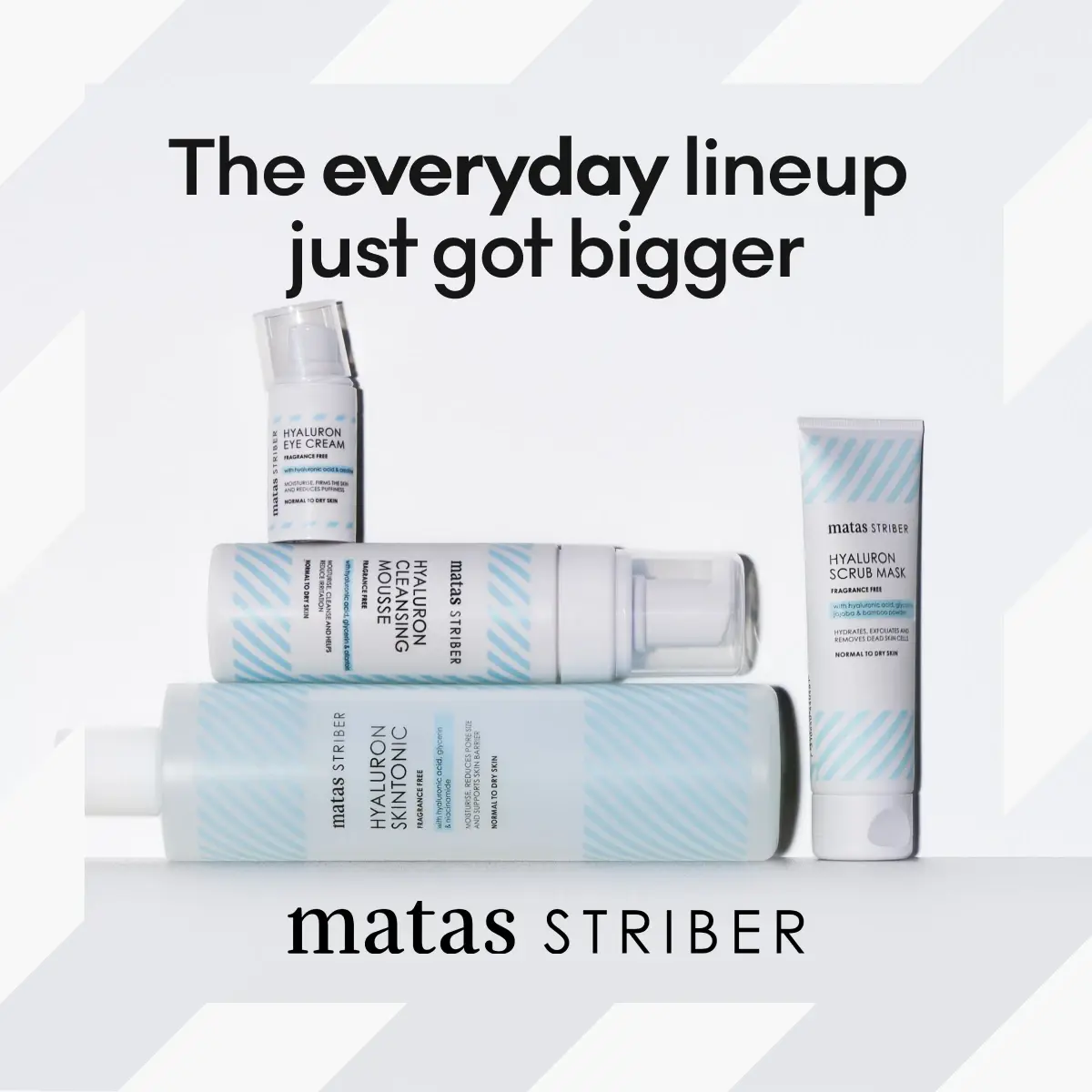 Hverdagsutvalget ble større. Matas Striber Hyaluron øyekrem, rensemousse, skintonic, og skrubbemaske.