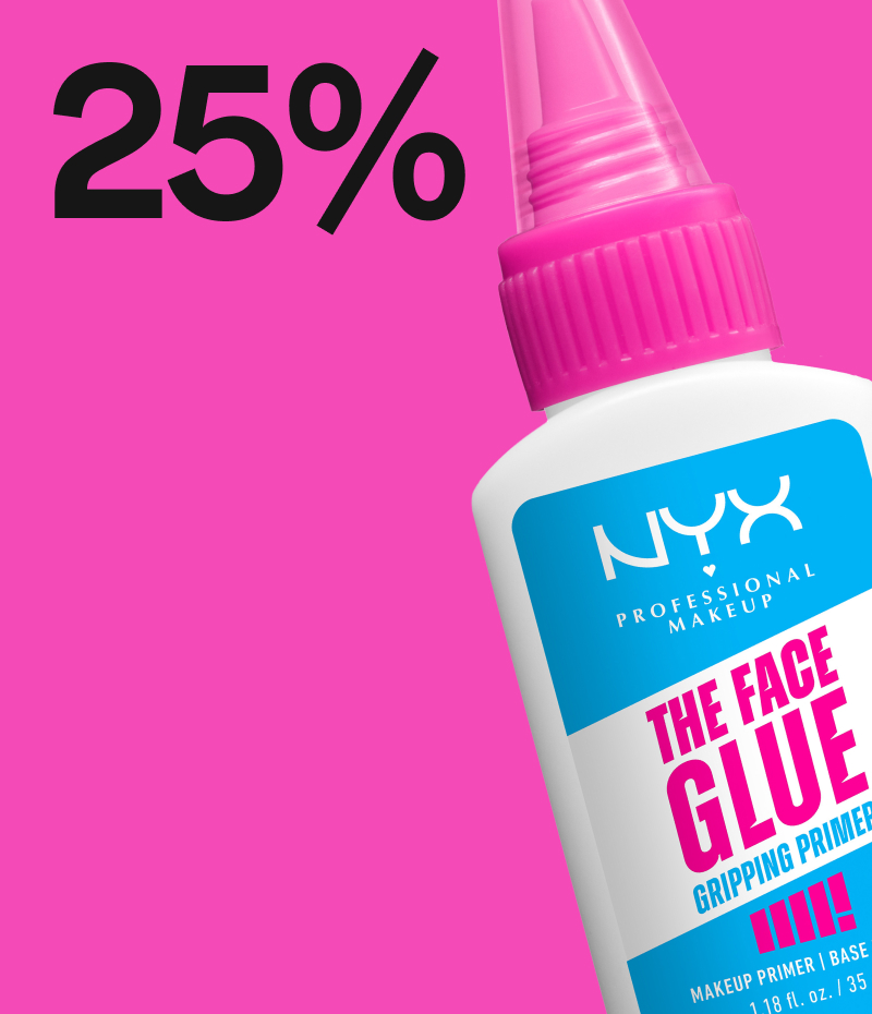 NYX Professional Makeup primer med 25% rabatt på rosa bakgrunn.
