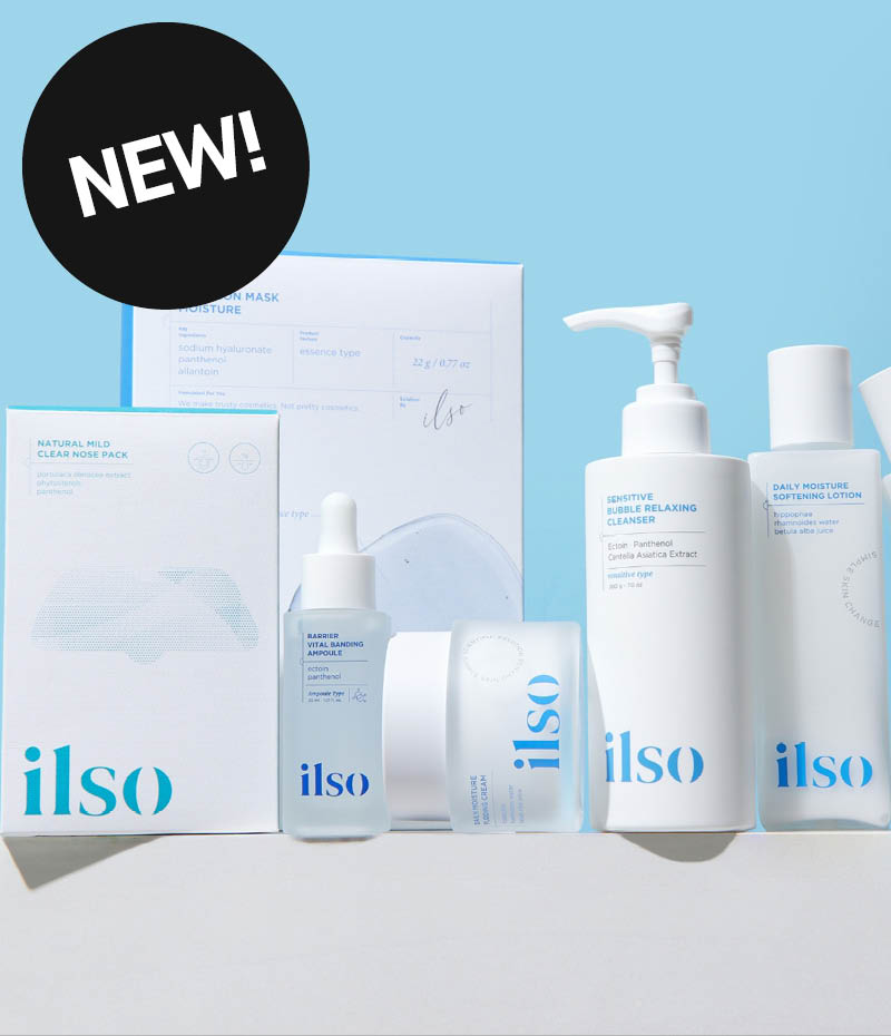 Ilso-tuotemerkin ihonhoitotuotteet, mukaan lukien kosteusnaamio, puhdistusaine, kasvovesi, kosteusvoide ja ampulli, vaaleansinisellä taustalla. Kuvassa näkyy myös teksti 'NEW!'