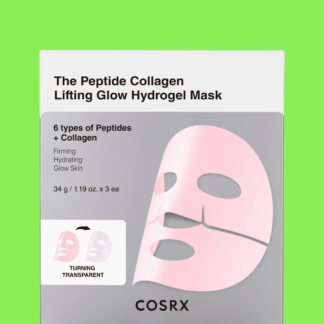 Förpackning märkt “The Peptide Collagen Lifting Glow Hydrogel Mask 6 types of Peptides + Collagen Firming Hydrating Glow Skin 34 g / 1.19 oz x 3 ea COSRX” mot grön bakgrund.