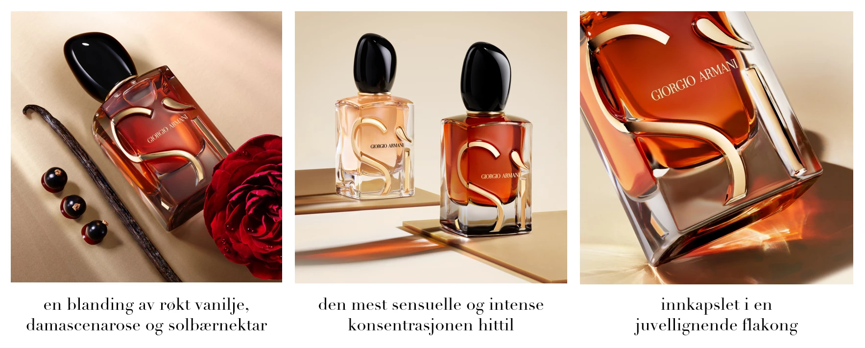 Giorgio Armani Si-parfymeflaske med vaniljestang, solbær og damaskusrose. To Si-flasker på en gyllen plattform. Nærbilde av juvellignende Si-flaske.