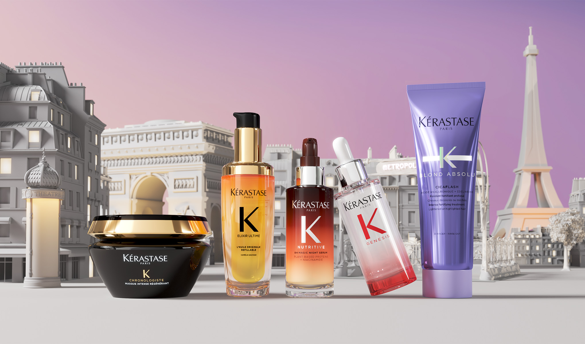 En kolleksjon med hårpleieprodukter fra Kérastase. Produktene er satt opp mot et stilisert bakteppe av Paris med ikoniske bygninger som Triumfbuen og Eiffeltårnet mot en rosa og lilla himmel.