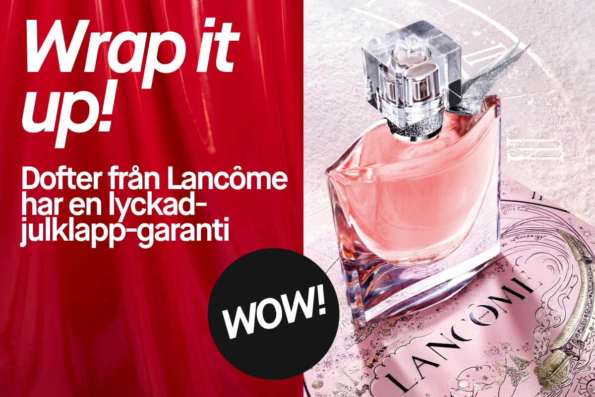 Bild som visar flera Lancome parfymer. Texten "Wrap it up!" är synlig. Bakgrunden är röd med rosa detaljer.
