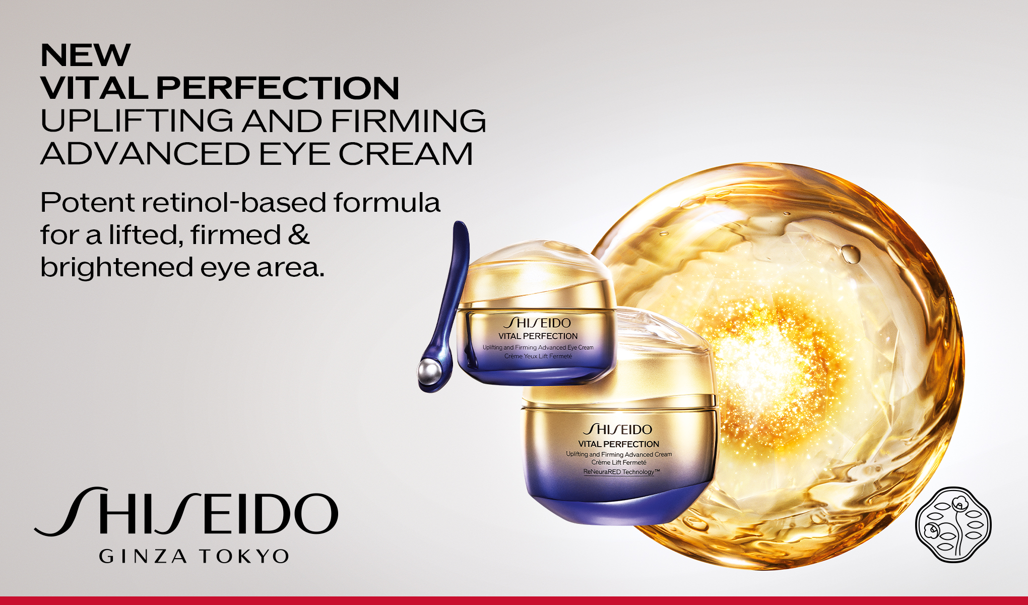 Kaksi Shiseido Vital Perfection -silmävoidetta ja sininen hierontatyökalu ovat esillä kultaisen taustan edessä. Vasemmalla on teksti "NEW VITAL PERFECTION UPLIFTING AND FIRMING ADVANCED EYE CREAM".