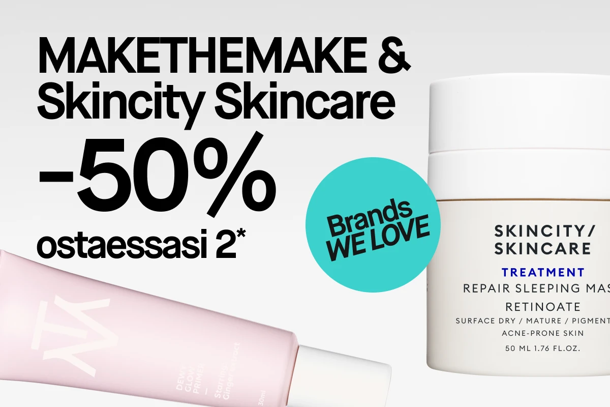 Kuva, joka näyttää kaksi tuotetta: vaaleanpunainen tuubi MAKETHEMAKE Dewy Glow Primer ja valkoinen purkki Skincity Skincare Treatment Repair Sleeping Mask Retinoate. Tekstit "50% kahden ostosta*" ja "Brands WE LOVE" ovat näkyvissä. Tausta on valkoinen.