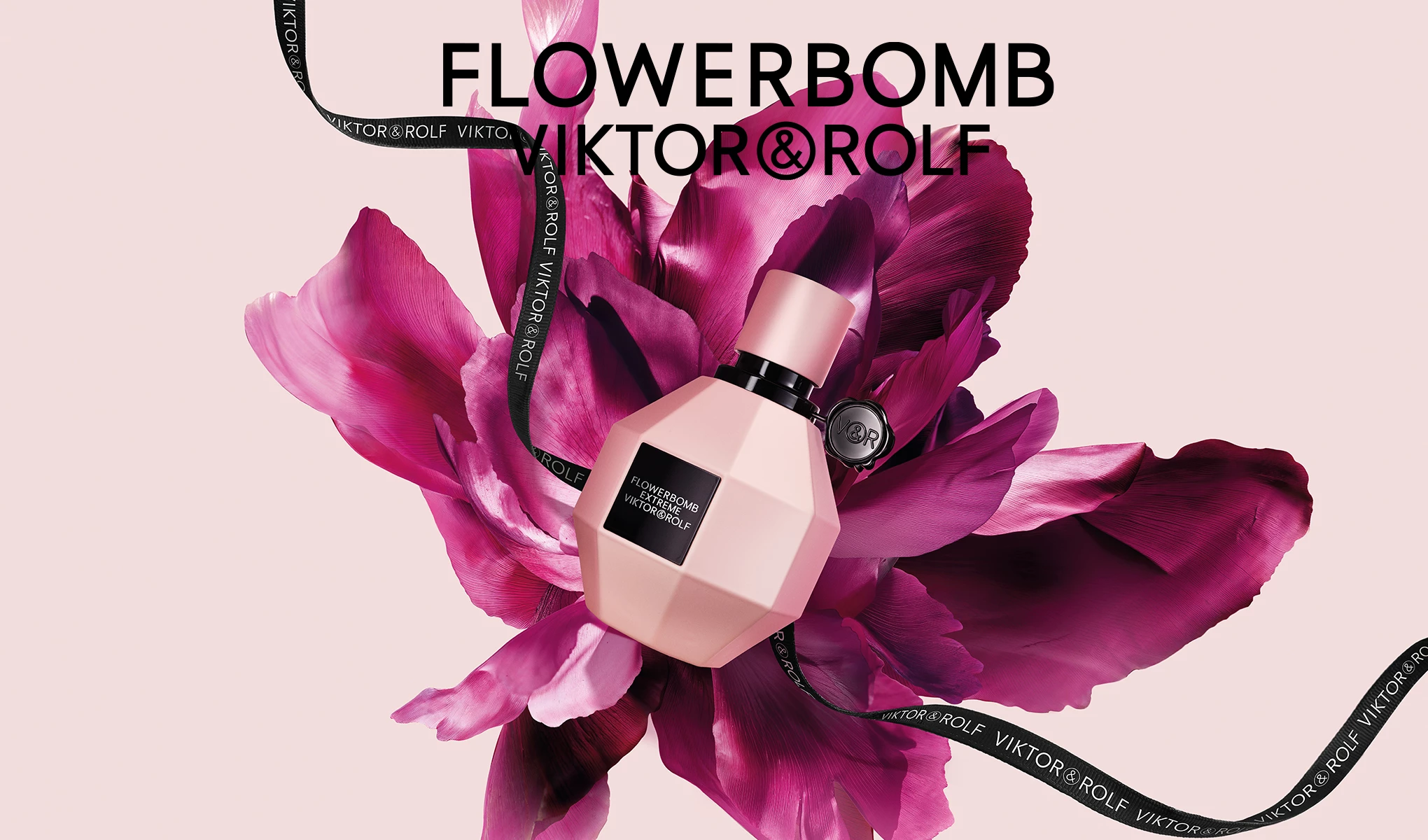En rosa parfymeflaske med parfymen Flowerbomb Extreme av Viktor & Rolf med lilla blomster rundt seg. 