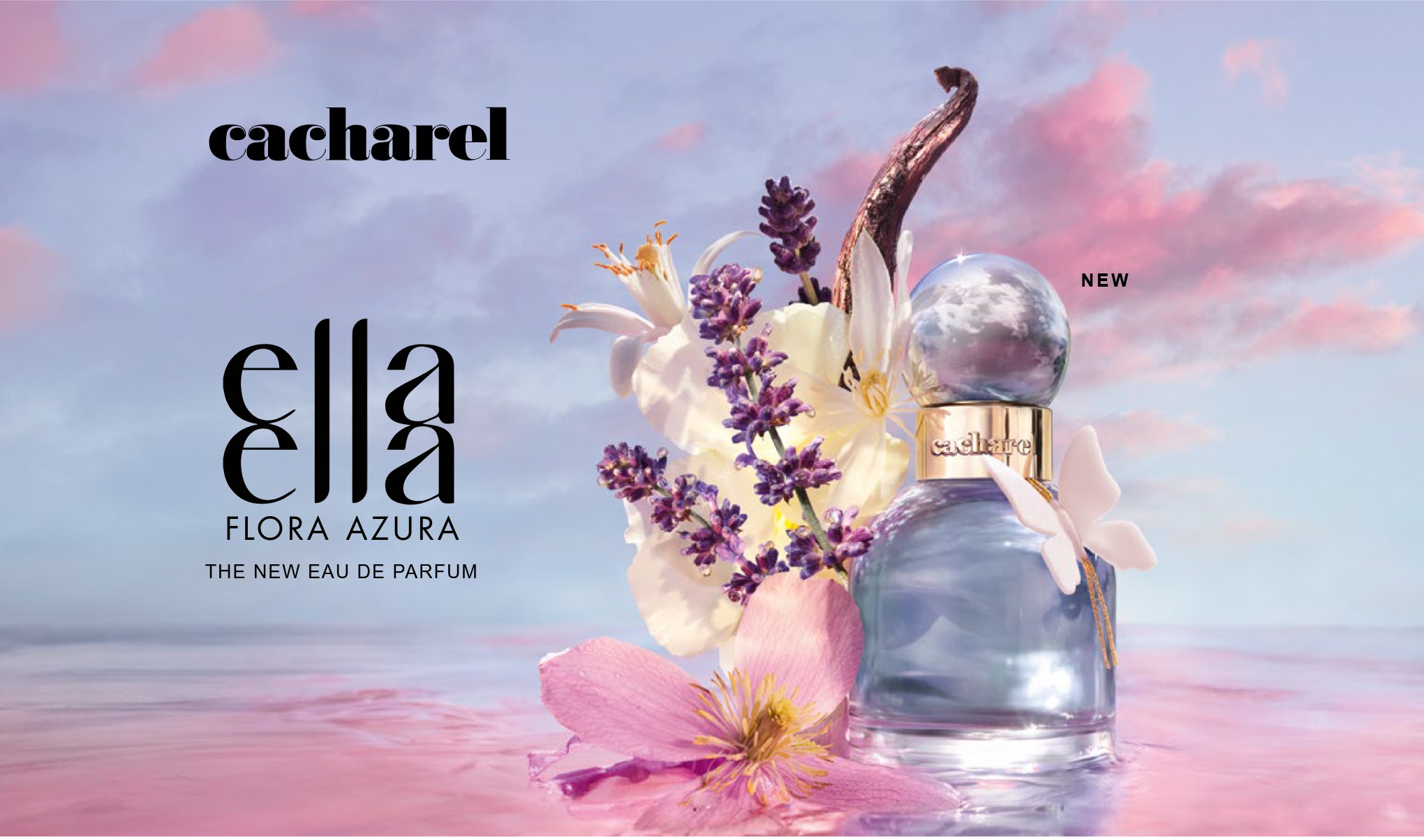 Cacharel ella, den nye påfyllbare duften, med blomster og en parfymeflaske i forgrunnen.