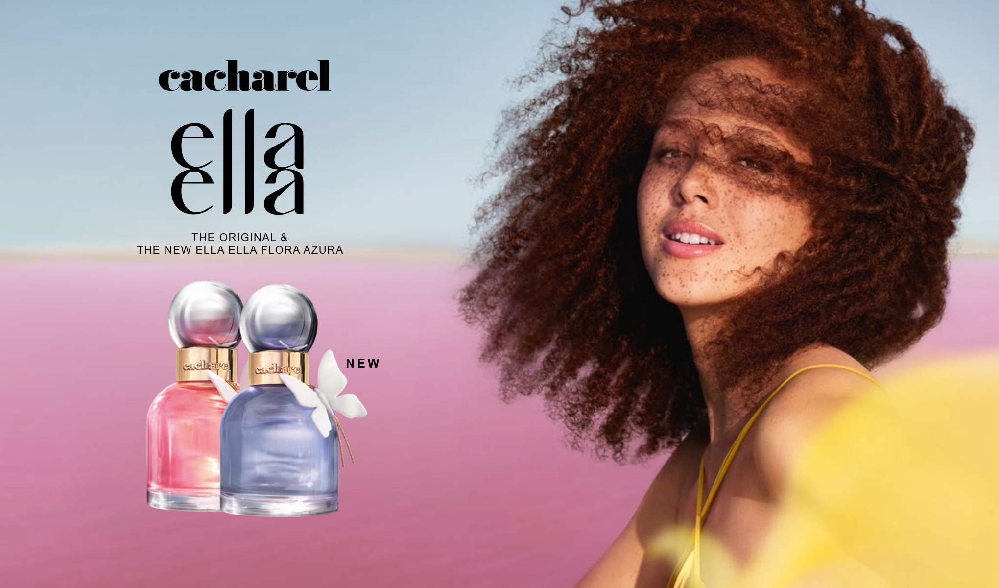 Cacharel ella, den nya påfyllningsbara doften, med en kvinna i bakgrunden och en parfymflaska i förgrunden.