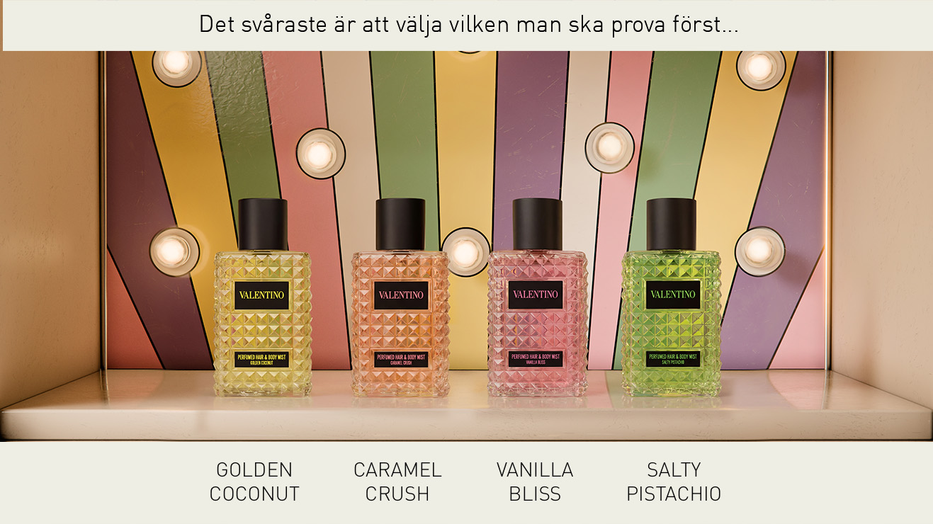 Fyra Valentino Hair & Body Mists i dofterna Golden Coconut, Caramel Crush, Vanilla Bliss och Salty Pistachio står framför en färgglad bakgrund med lampor och pastellränder. Texten “Det svåraste är att välja vilken man ska prova först…” visas högst upp tillsammans med produktnamnen längst ner i bilden.