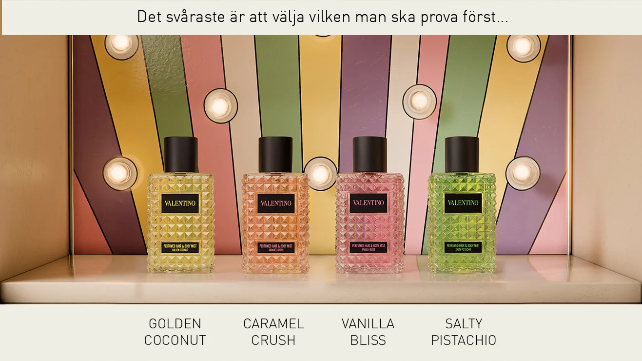 Fyra Valentino Hair & Body Mists i dofterna Golden Coconut, Caramel Crush, Vanilla Bliss och Salty Pistachio står framför en färgglad bakgrund med lampor och pastellränder. Texten “Det svåraste är att välja vilken man ska prova först…” visas högst upp tillsammans med produktnamnen längst ner i bilden.