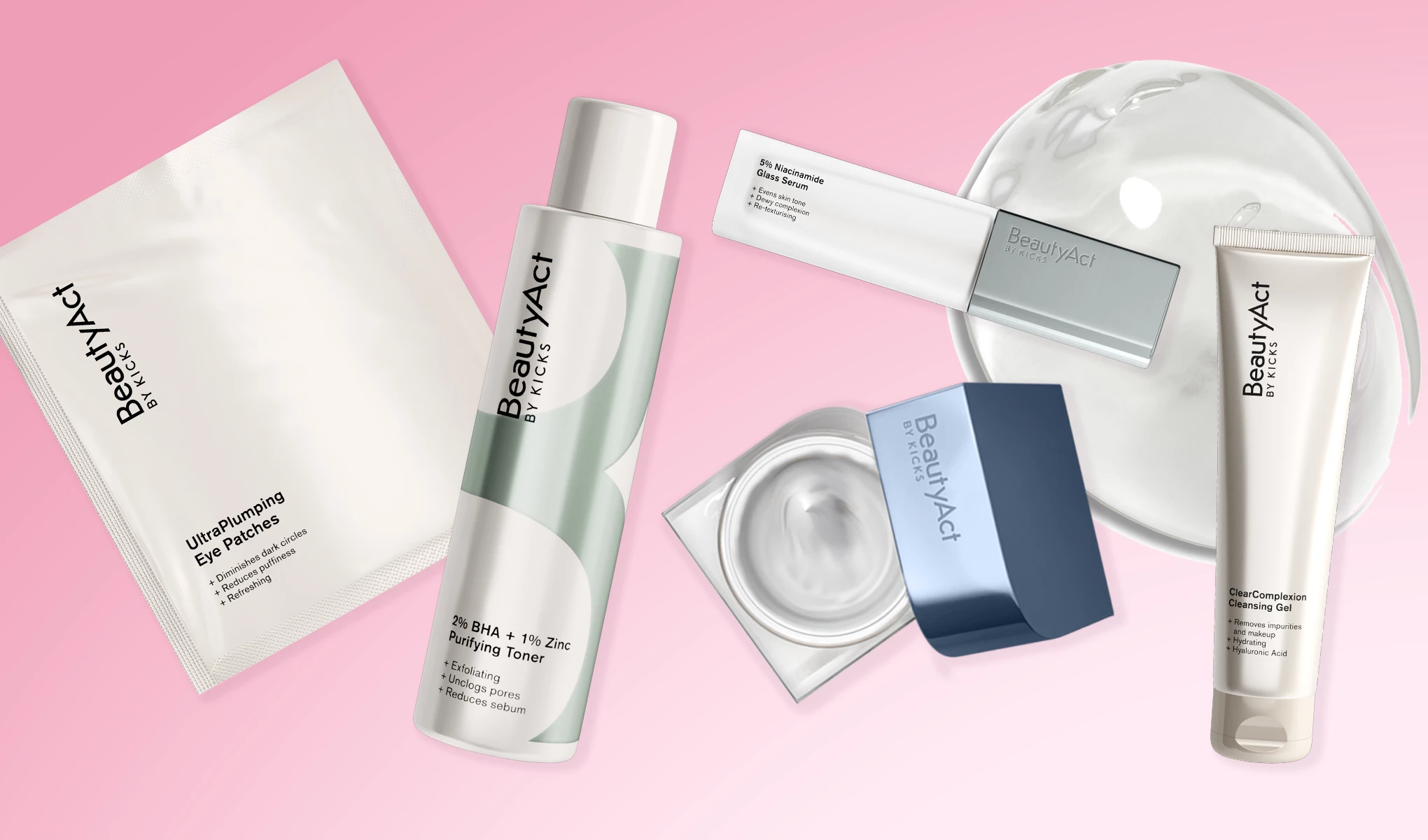 Beauty Act-produkter plassert mot en rosa bakgrunn